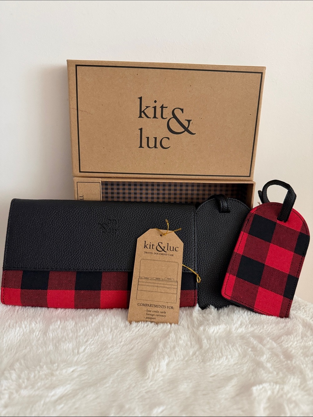 Kit & Luc Red & Black Buffalo Check Travel Wallet with Luggage Tag